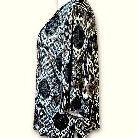 DressBarn Vintage 3/4 Sleeves Beaded V Neck Jersey Top Blouse Size 22/24 Ikat - Picture 3 of 13